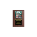 A photo of a Cherrywood Laminate plaque with a full-coloured plate on the top-half and traditional engraved plate on the bottom-half.