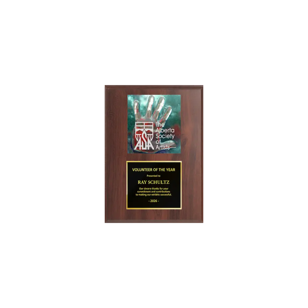 A photo of a Cherrywood Laminate plaque with a full-coloured plate on the top-half and traditional engraved plate on the bottom-half.