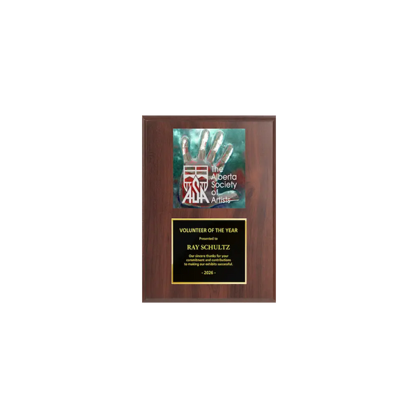 A photo of a Cherrywood Laminate plaque with a full-coloured plate on the top-half and traditional engraved plate on the bottom-half.