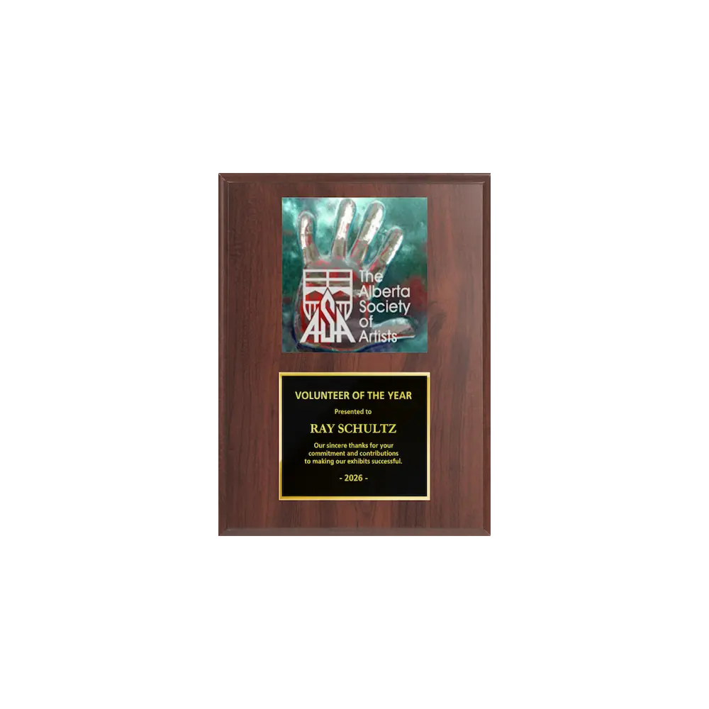 A photo of a Cherrywood Laminate plaque with a full-coloured plate on the top-half and traditional engraved plate on the bottom-half.