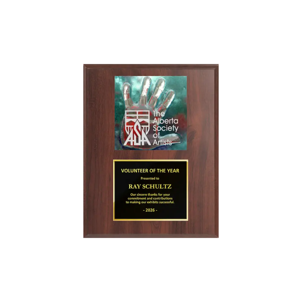 A photo of a Cherrywood Laminate plaque with a full-coloured plate on the top-half and traditional engraved plate on the bottom-half.
