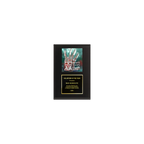 A photo of a Matte Black Laminate plaque with a full-coloured plate on the top-half and traditional engraved plate on the bottom-half.