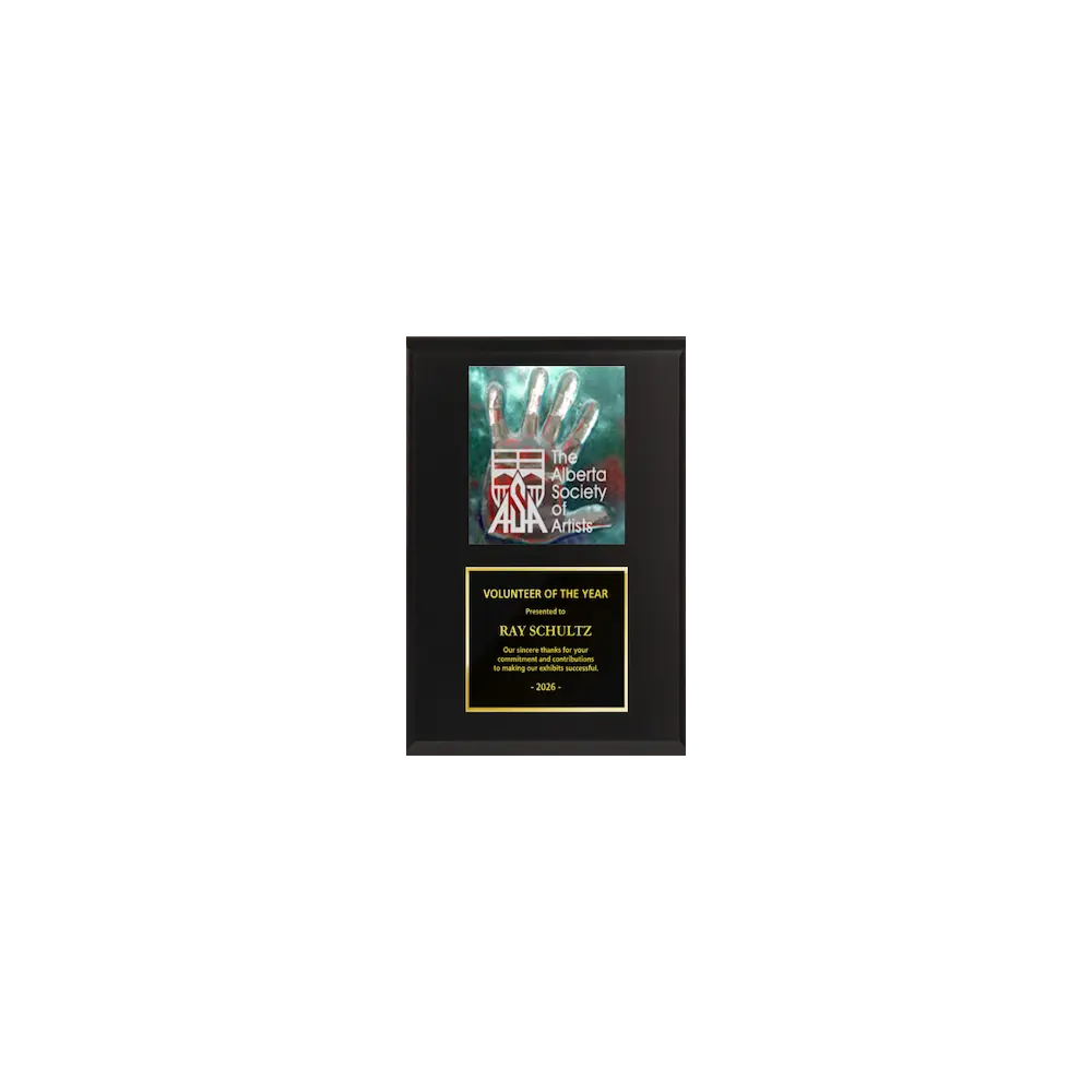A photo of a Matte Black Laminate plaque with a full-coloured plate on the top-half and traditional engraved plate on the bottom-half.