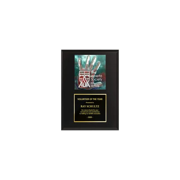 A photo of a Matte Black Laminate plaque with a full-coloured plate on the top-half and traditional engraved plate on the bottom-half.