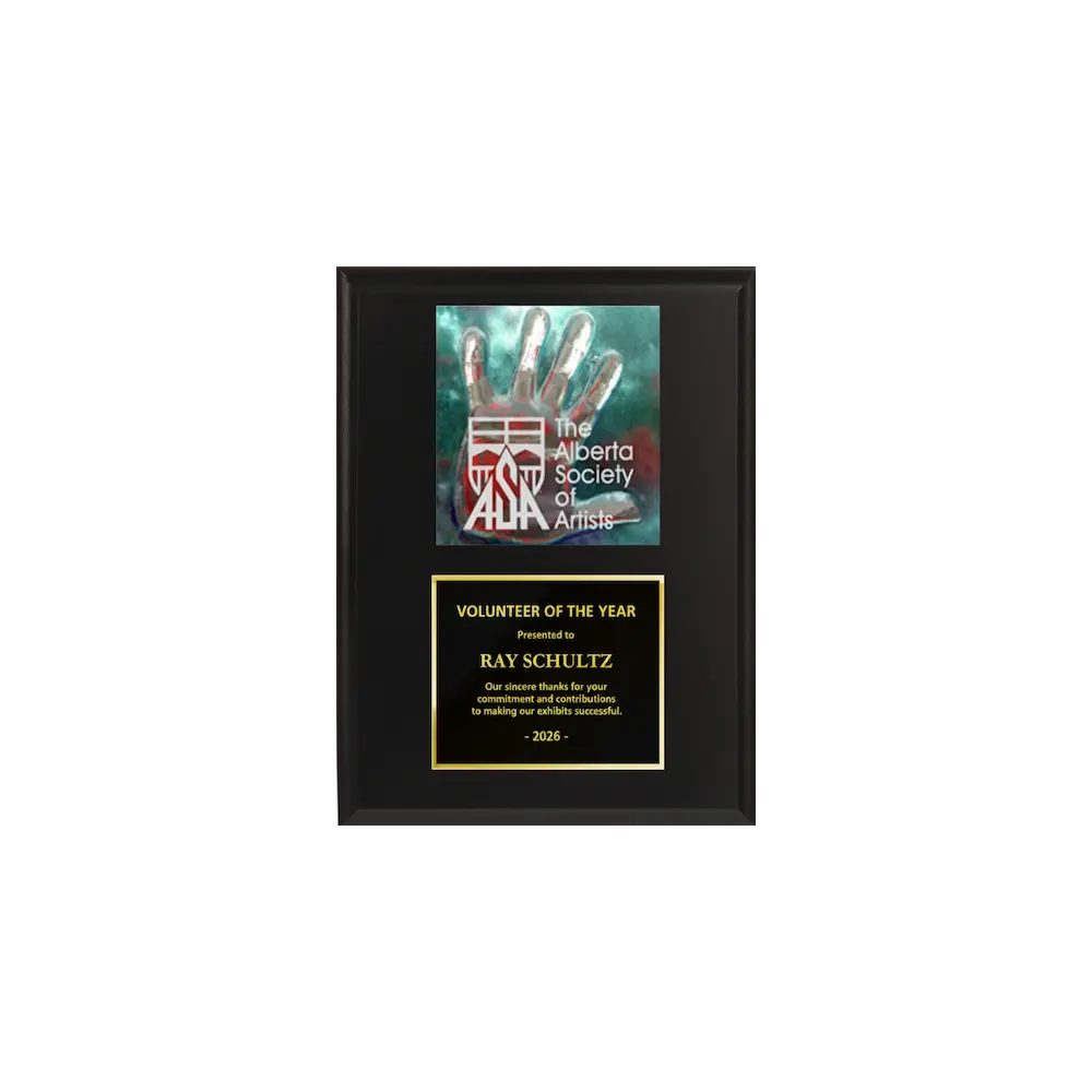 A photo of a Matte Black Laminate plaque with a full-coloured plate on the top-half and traditional engraved plate on the bottom-half.