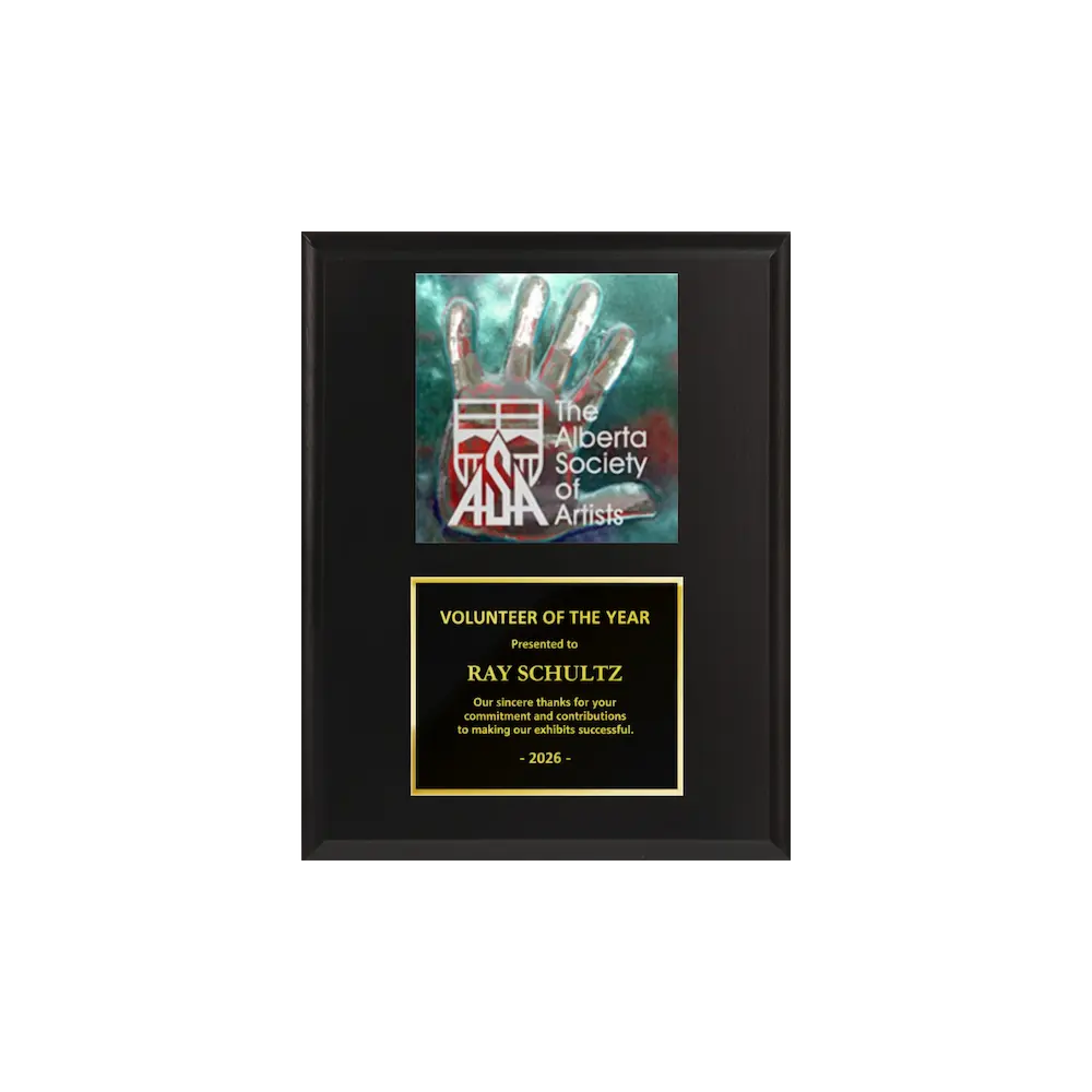 A photo of a Matte Black Laminate plaque with a full-coloured plate on the top-half and traditional engraved plate on the bottom-half.