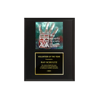 A photo of a Matte Black Laminate plaque with a full-coloured plate on the top-half and traditional engraved plate on the bottom-half.