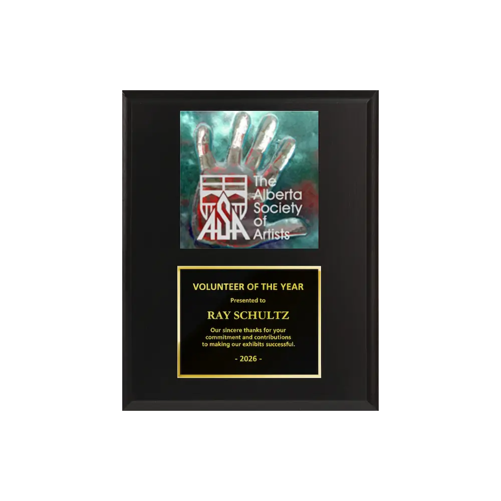 A photo of a Matte Black Laminate plaque with a full-coloured plate on the top-half and traditional engraved plate on the bottom-half.
