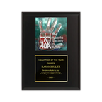 A photo of a Matte Black Laminate plaque with a full-coloured plate on the top-half and traditional engraved plate on the bottom-half.