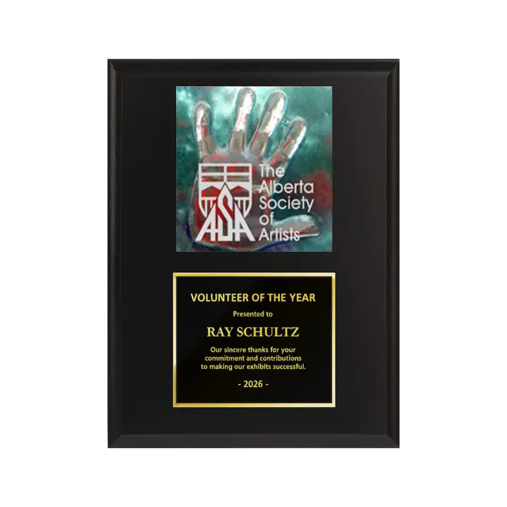 A photo of a Matte Black Laminate plaque with a full-coloured plate on the top-half and traditional engraved plate on the bottom-half.