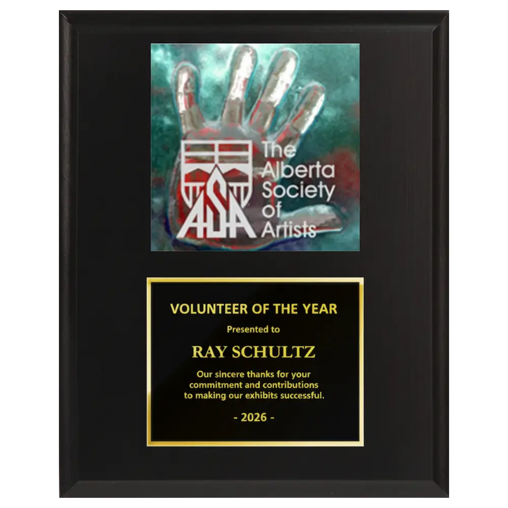 A photo of a Matte Black Laminate plaque with a full-coloured plate on the top-half and traditional engraved plate on the bottom-half.