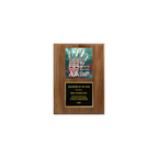 A photo of a solid wood traditional Walnut plaque with a traditionally engraved plate on the bottom and full-colored plate on top.