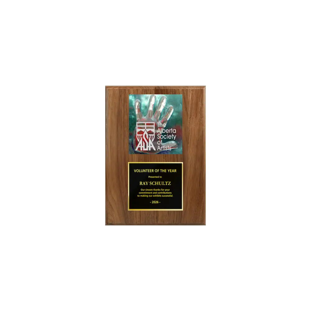 A photo of a solid wood traditional Walnut plaque with a traditionally engraved plate on the bottom and full-colored plate on top.