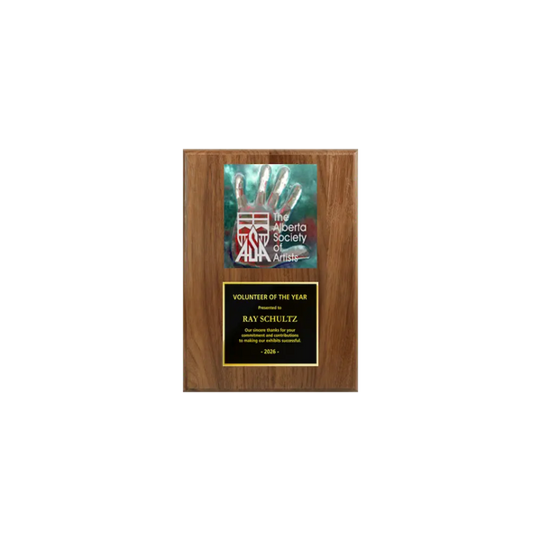 A photo of a solid wood traditional Walnut plaque with a traditionally engraved plate on the bottom and full-colored plate on top.