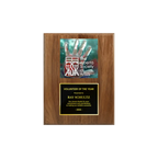 A photo of a solid wood traditional Walnut plaque with a traditionally engraved plate on the bottom and full-colored plate on top.