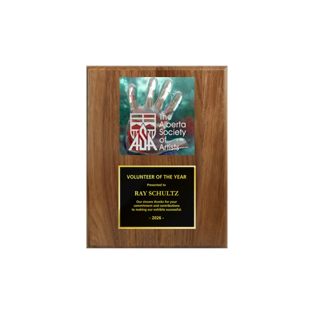 A photo of a solid wood traditional Walnut plaque with a traditionally engraved plate on the bottom and full-colored plate on top.