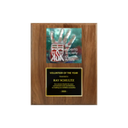 A photo of a solid wood traditional Walnut plaque with a traditionally engraved plate on the bottom and full-colored plate on top.