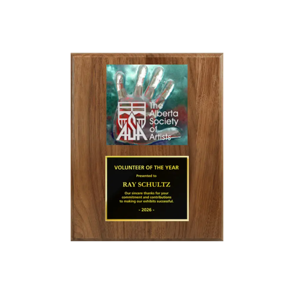 A photo of a solid wood traditional Walnut plaque with a traditionally engraved plate on the bottom and full-colored plate on top.