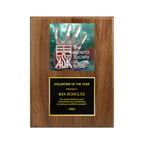 A photo of a solid wood traditional Walnut plaque with a traditionally engraved plate on the bottom and full-colored plate on top.