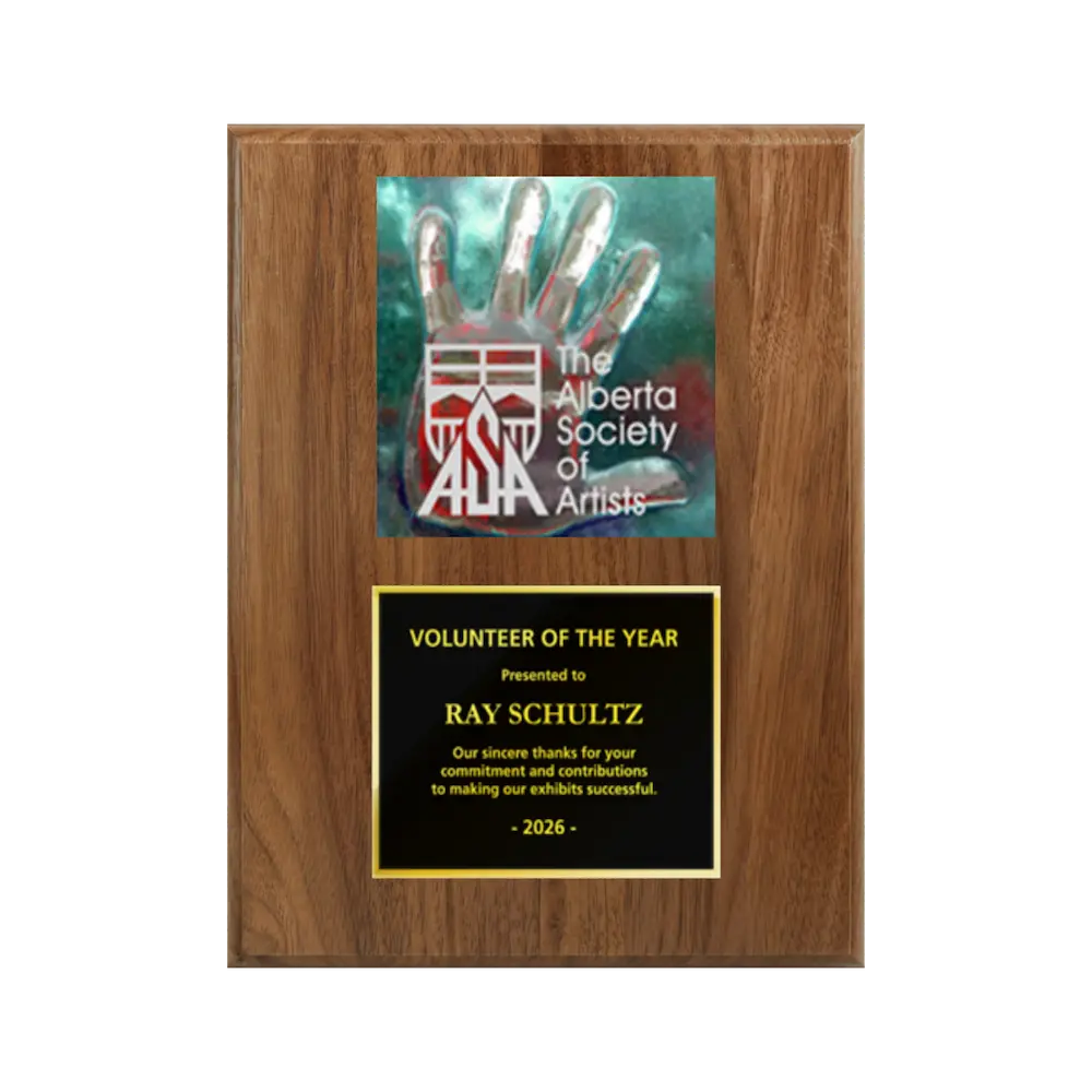 A photo of a solid wood traditional Walnut plaque with a traditionally engraved plate on the bottom and full-colored plate on top.