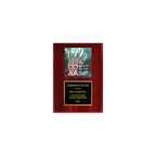 A photo of a Rosewood Piano Finish plaque with a full-coloured plate on the top-half and traditional engraved plate on the bottom-half.
