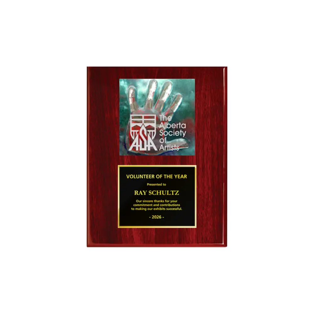 A photo of a Rosewood Piano Finish plaque with a full-coloured plate on the top-half and traditional engraved plate on the bottom-half.