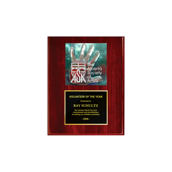 A photo of a Rosewood Piano Finish plaque with a full-coloured plate on the top-half and traditional engraved plate on the bottom-half.