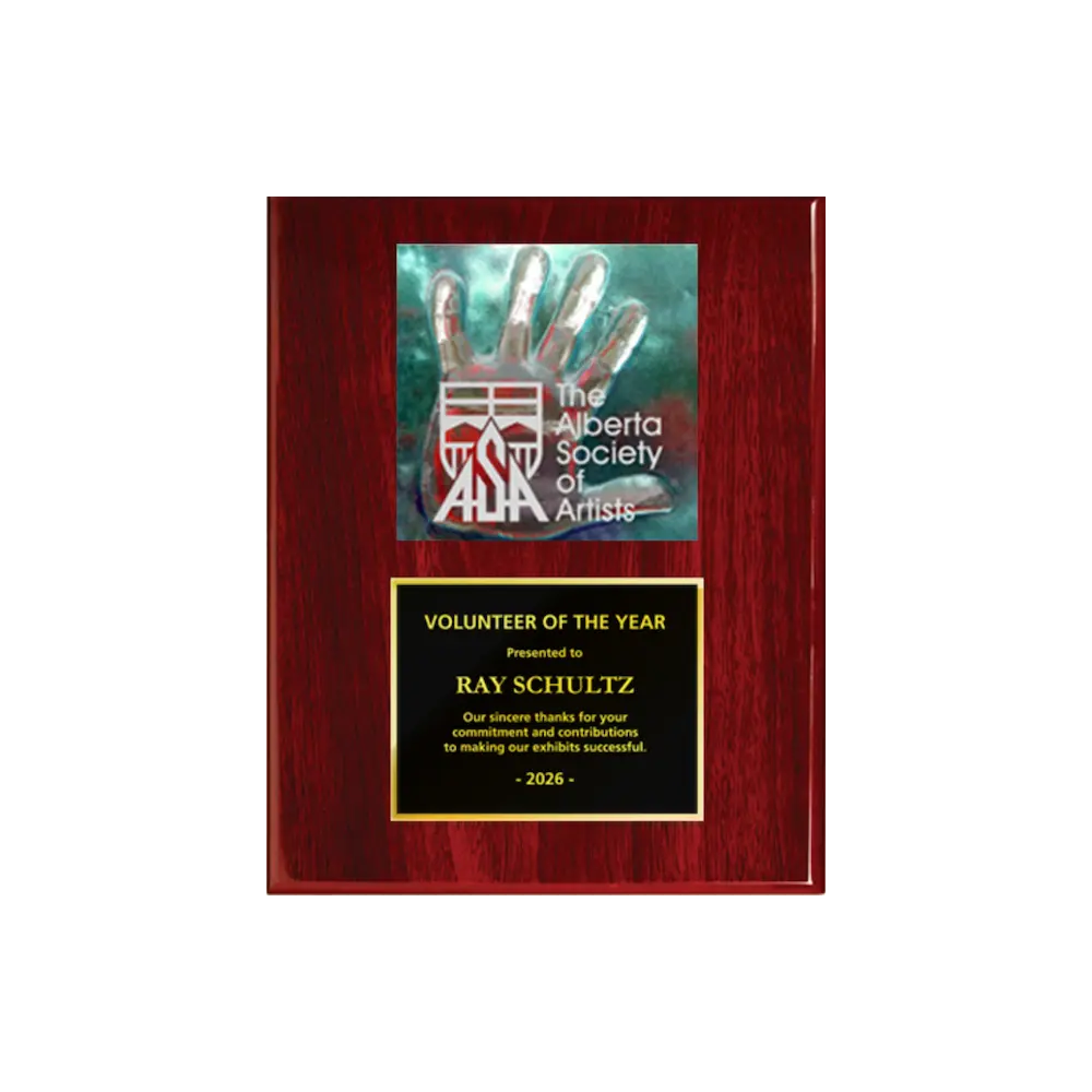A photo of a Rosewood Piano Finish plaque with a full-coloured plate on the top-half and traditional engraved plate on the bottom-half.