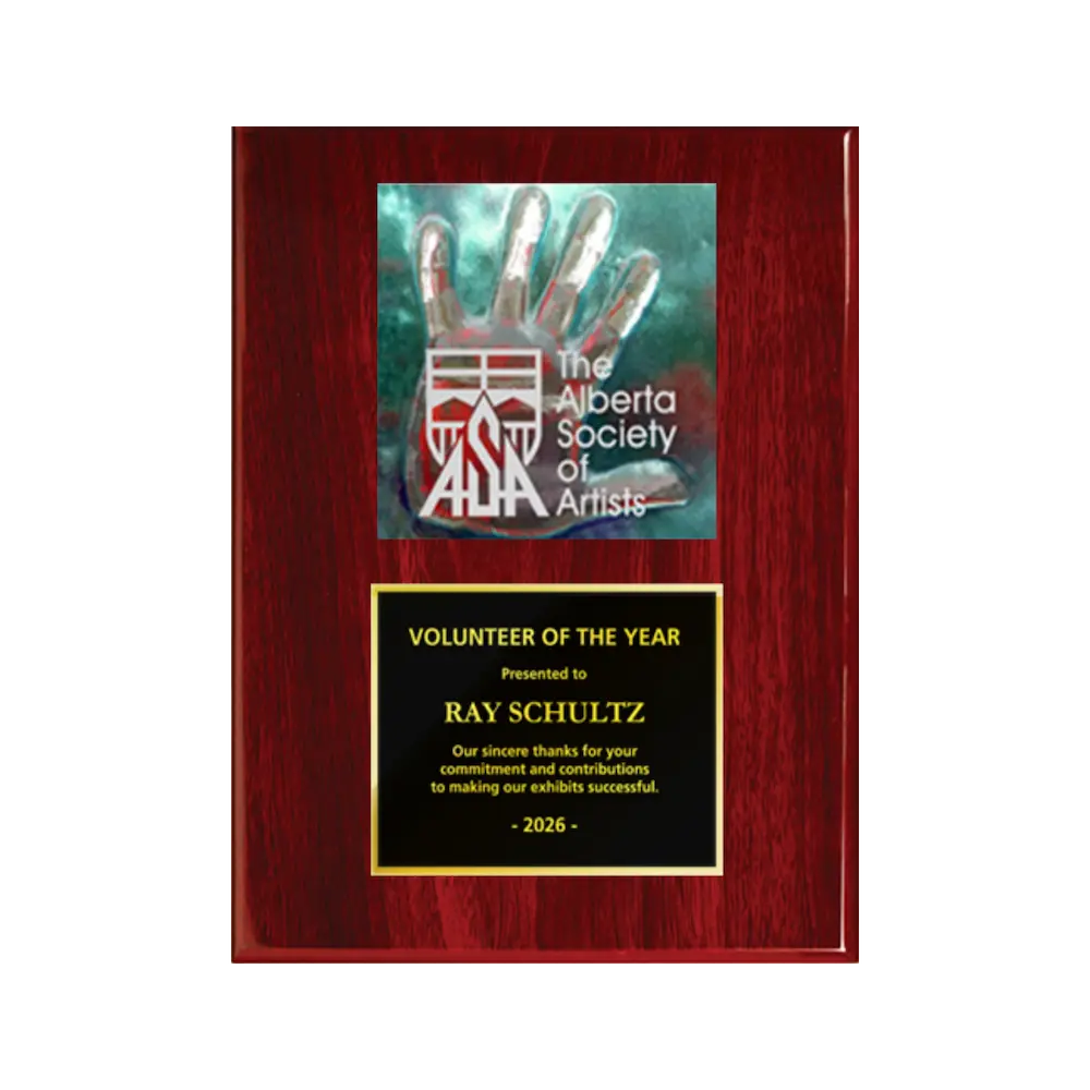 A photo of a Rosewood Piano Finish plaque with a full-coloured plate on the top-half and traditional engraved plate on the bottom-half.