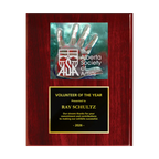 A photo of a Rosewood Piano Finish plaque with a full-coloured plate on the top-half and traditional engraved plate on the bottom-half.
