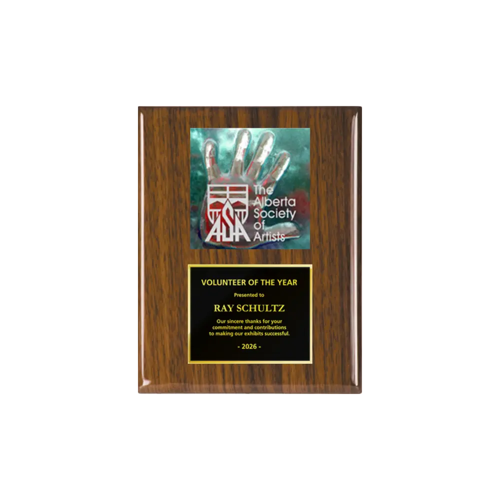 A photo of a Walnut Piano Finish plaque with a full-coloured plate on the top-half and traditional engraved plate on the bottom-half.
