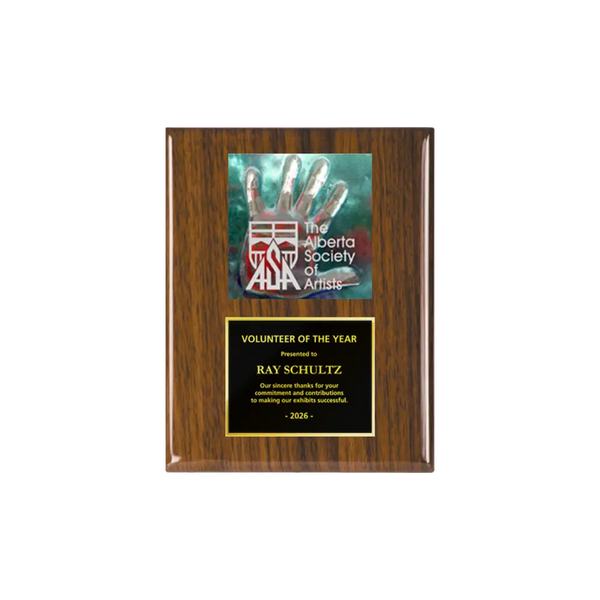 A photo of a Walnut Piano Finish plaque with a full-coloured plate on the top-half and traditional engraved plate on the bottom-half.