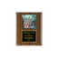 A photo of a Walnut Piano Finish plaque with a full-coloured plate on the top-half and traditional engraved plate on the bottom-half.