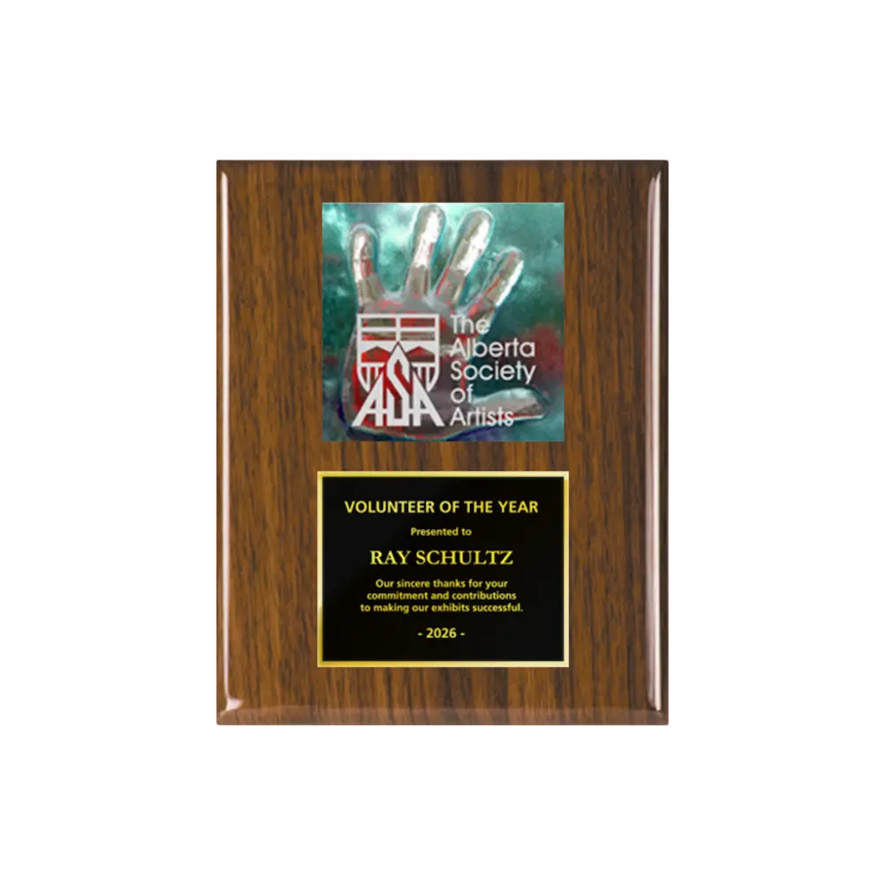 A photo of a Walnut Piano Finish plaque with a full-coloured plate on the top-half and traditional engraved plate on the bottom-half.
