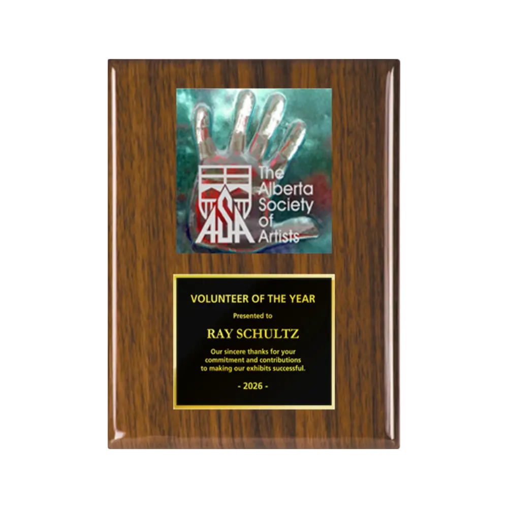 A photo of a Walnut Piano Finish plaque with a full-coloured plate on the top-half and traditional engraved plate on the bottom-half.