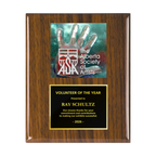 A photo of a Walnut Piano Finish plaque with a full-coloured plate on the top-half and traditional engraved plate on the bottom-half.