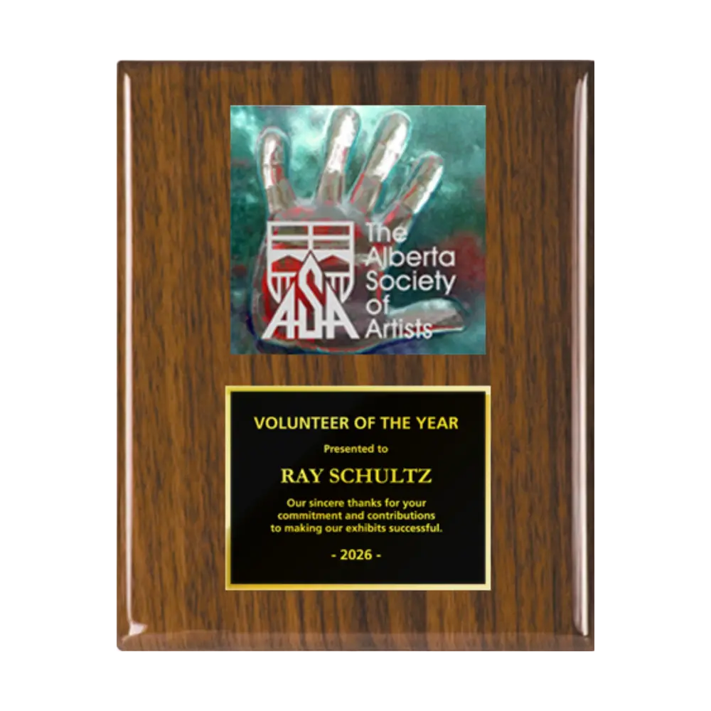 A photo of a Walnut Piano Finish plaque with a full-coloured plate on the top-half and traditional engraved plate on the bottom-half.