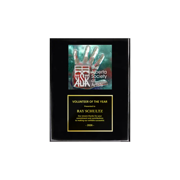 A photo of a Black Piano Finish plaque with a full-coloured plate on the top-half and traditional engraved plate on the bottom-half.