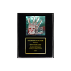 A photo of a Black Piano Finish plaque with a full-coloured plate on the top-half and traditional engraved plate on the bottom-half.
