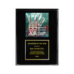 A photo of a Black Piano Finish plaque with a full-coloured plate on the top-half and traditional engraved plate on the bottom-half.