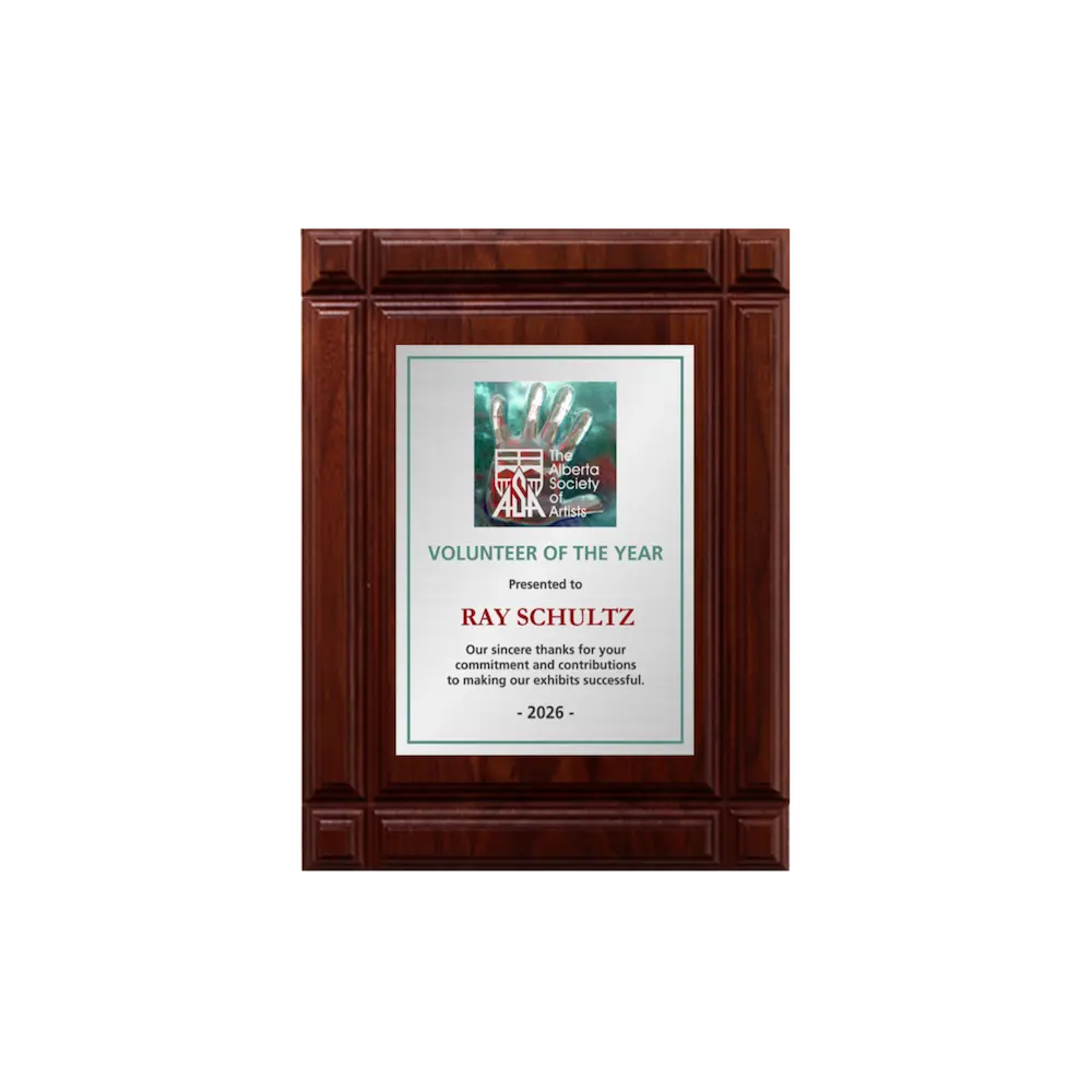 A photo of a solid wood Deep Groove Walnut plaque with a full-coloured plate covering the plaque.  Main image