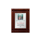 A photo of a solid wood Deep Groove Walnut plaque with a full-coloured plate covering the plaque. 