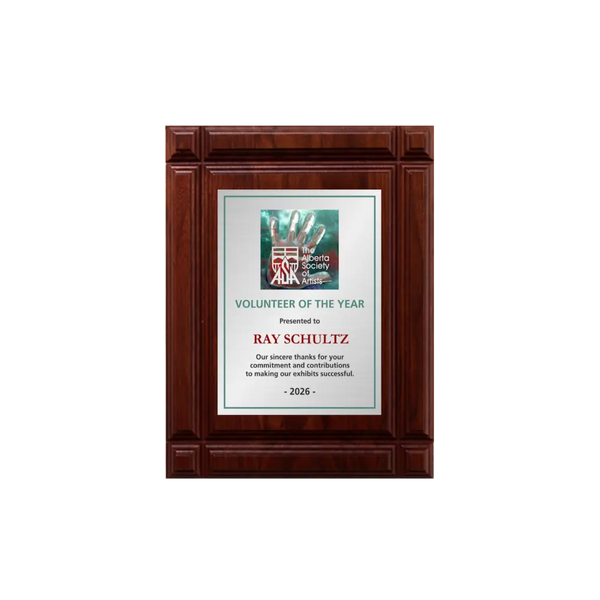 A photo of a solid wood Deep Groove Walnut plaque with a full-coloured plate covering the plaque. 