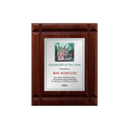 A photo of a solid wood Deep Groove Walnut plaque with a full-coloured plate covering the plaque. 