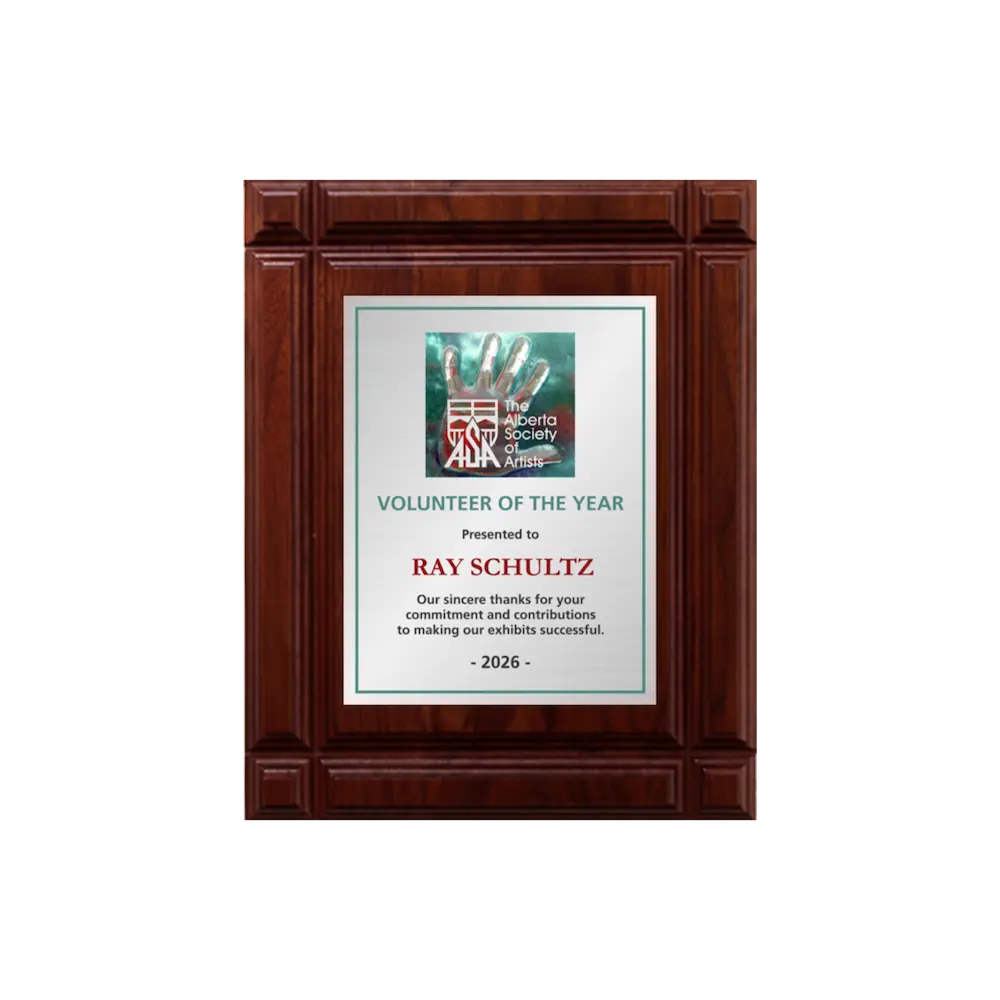 A photo of a solid wood Deep Groove Walnut plaque with a full-coloured plate covering the plaque. 