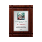 A photo of a solid wood Deep Groove Walnut plaque with a full-coloured plate covering the plaque. 