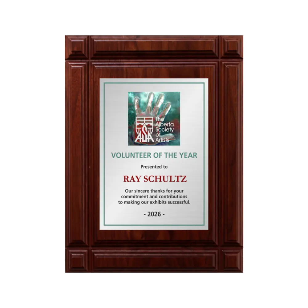 A photo of a solid wood Deep Groove Walnut plaque with a full-coloured plate covering the plaque. 