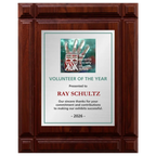 A photo of a solid wood Deep Groove Walnut plaque with a full-coloured plate covering the plaque. 