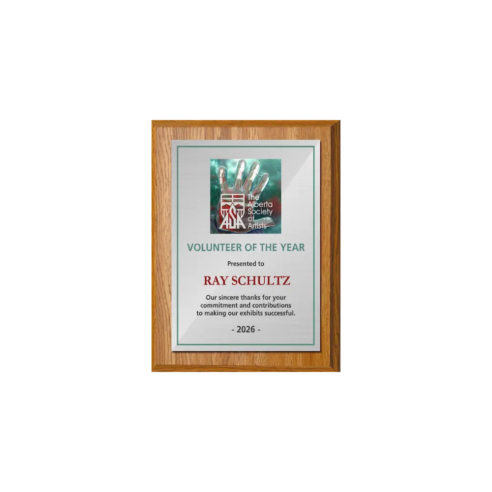 A photo of a Light Oak Laminate plaque with a full colour plate.