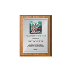 A photo of a Light Oak Laminate plaque with a full colour plate.